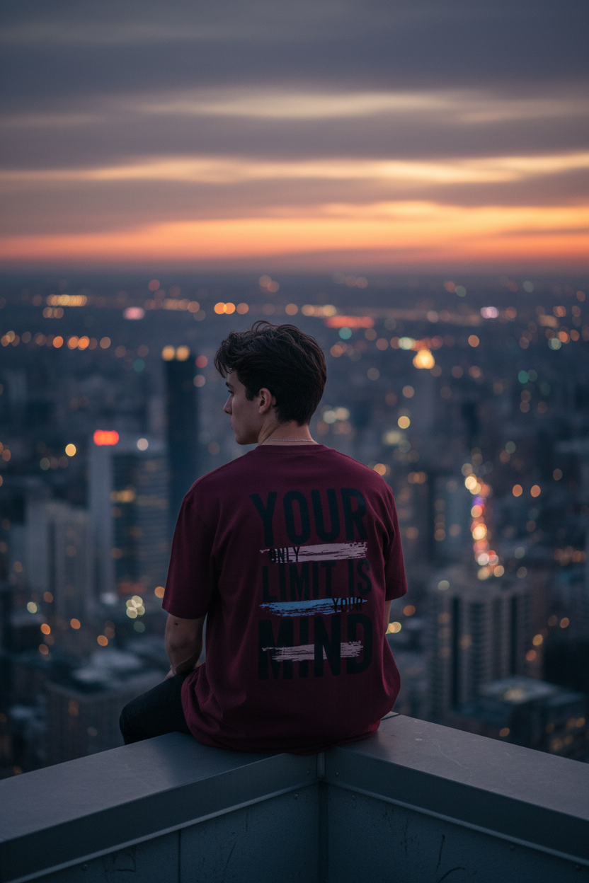 Burgundy tee rooftop