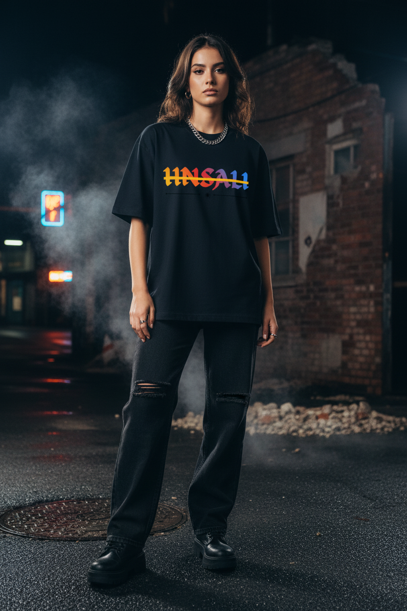 HNSALI Black Tee Front Model