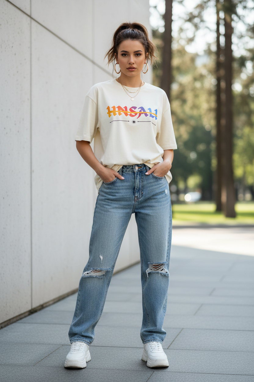 HNSALI Cream Tee Front Model