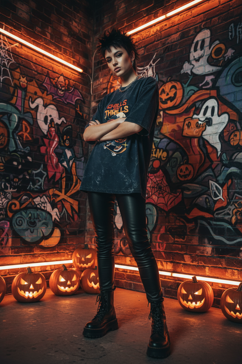 Navy tee graffiti wall