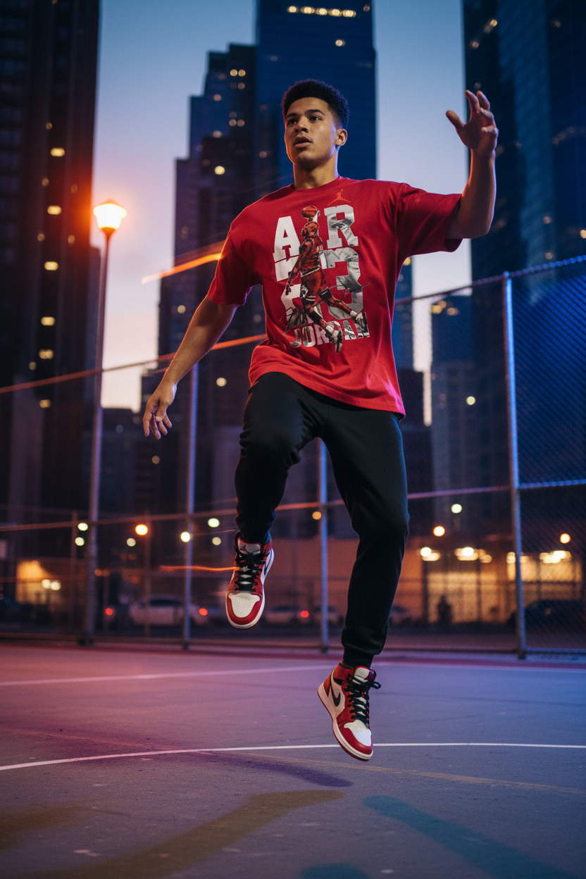 Red tee athletic action shot