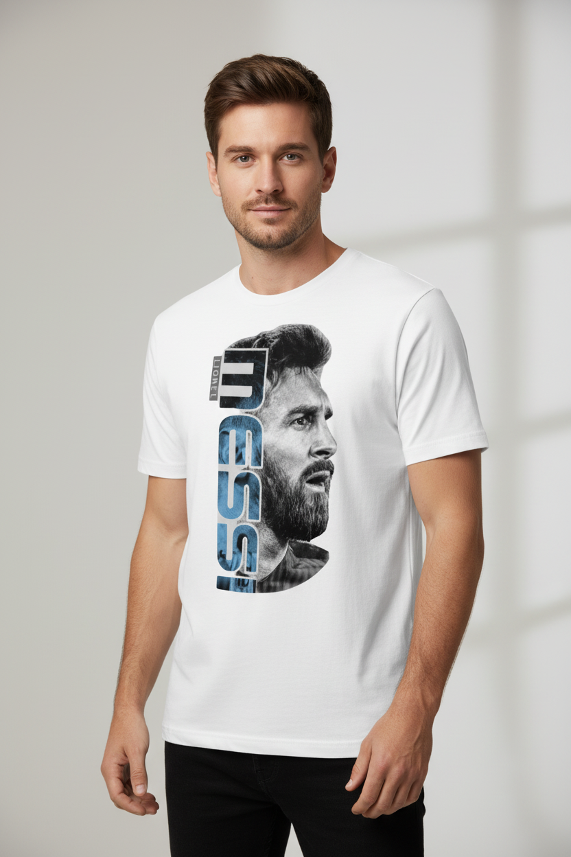 White Messi T-Shirt on Model